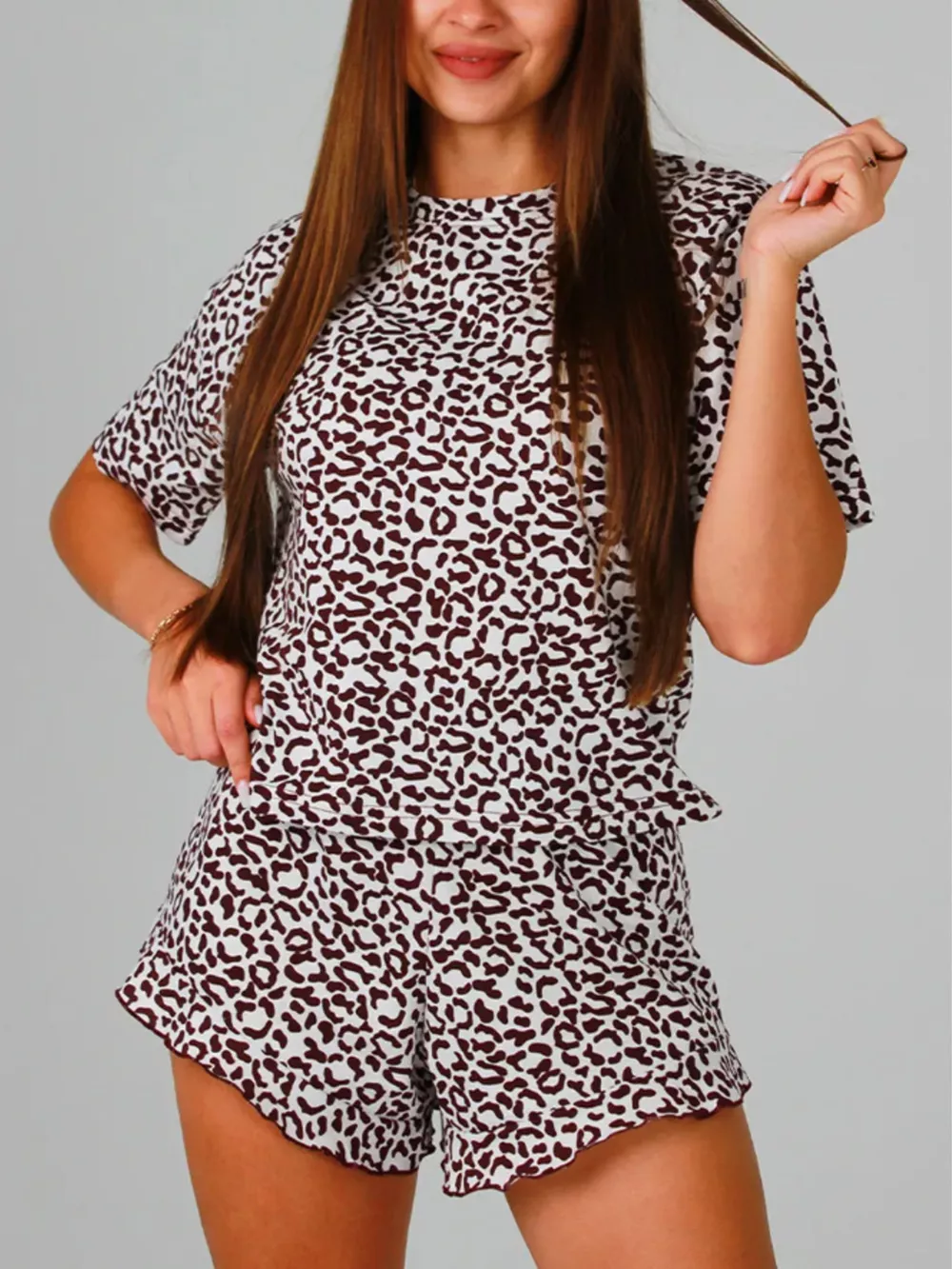 Leopard Print T-Shirt and Ruffle Hem Shorts Lounge Set, image 10