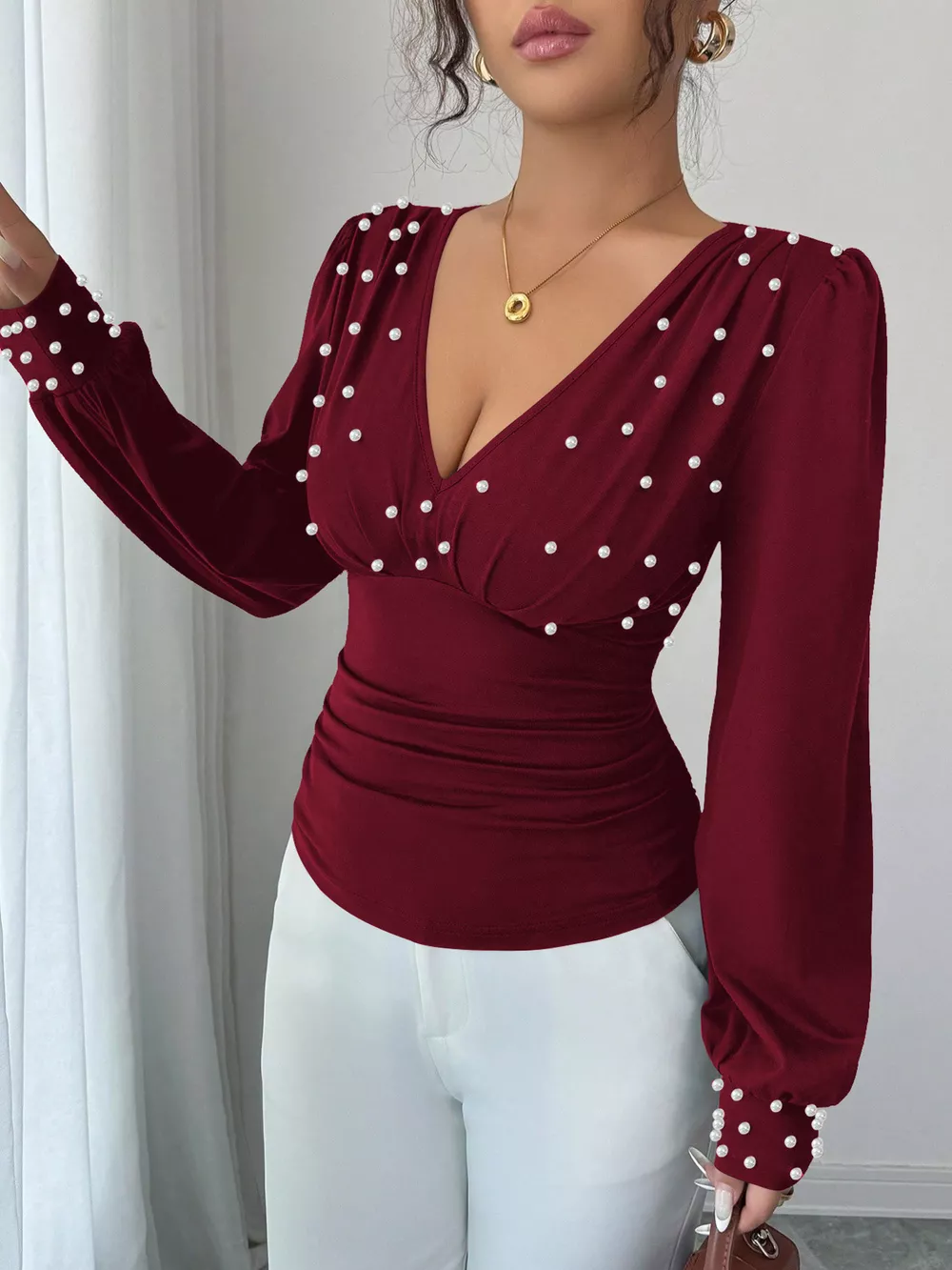 Pearl Embellished V-Neck Blouse, image 5