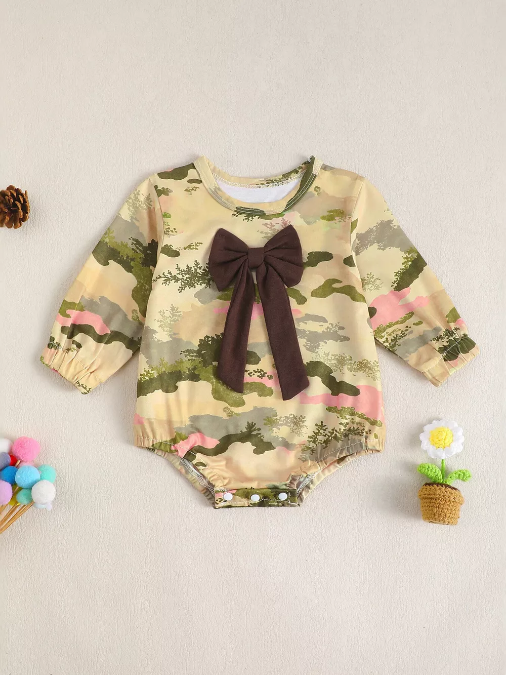Children's Camouflage Print Long Sleeve One-Piece with Bow