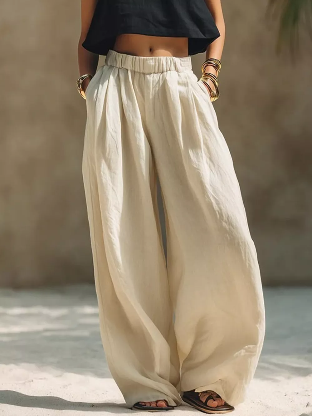 Full Size Elastic Waistband Wide Leg Pants Plus Size