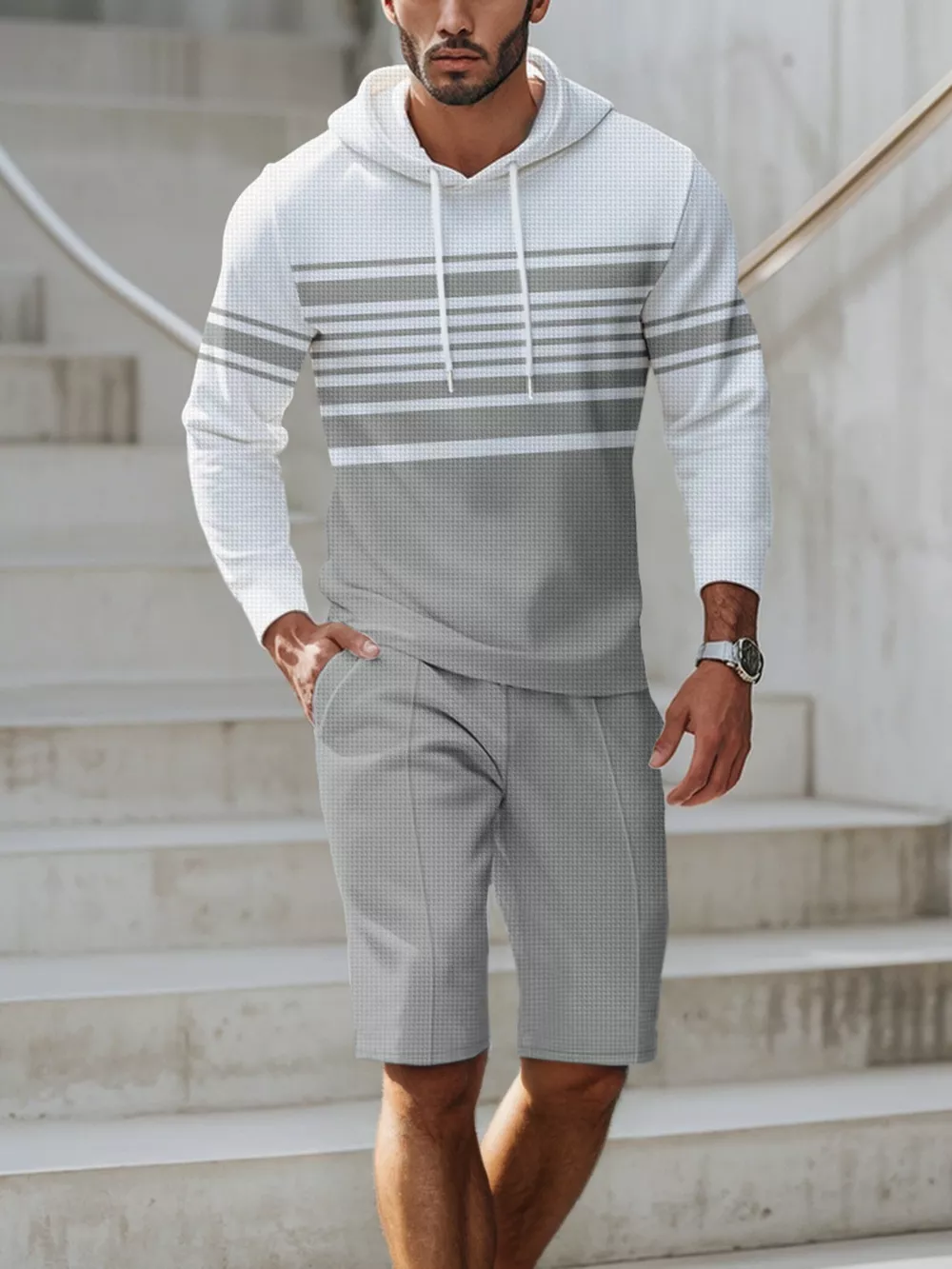 Men's Full Size Striped Hoodie & Shorts Casual Set Plus Size, image 2