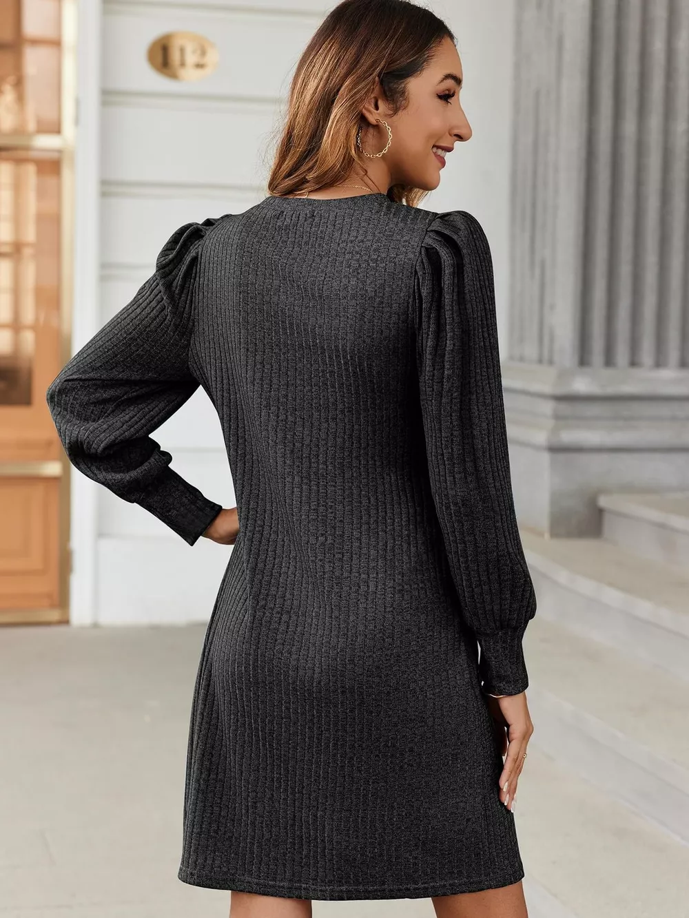 Ribbed Knit Puff Sleeve Casual Mini Dress, image 11