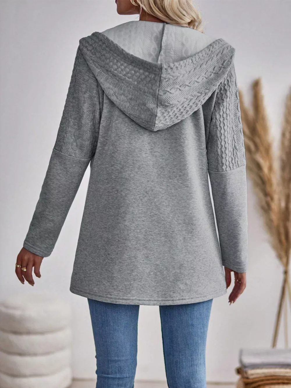 Drawstring Textured Zip Up Drawstring Hooded Jacket, image 6