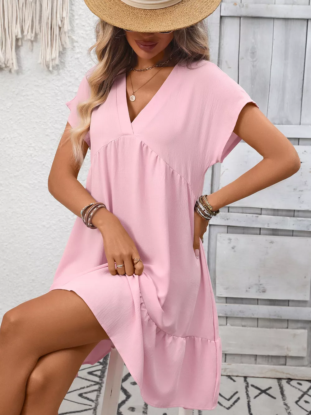 Casual V-Neck Ruffle Hem Mini Dress, image 9