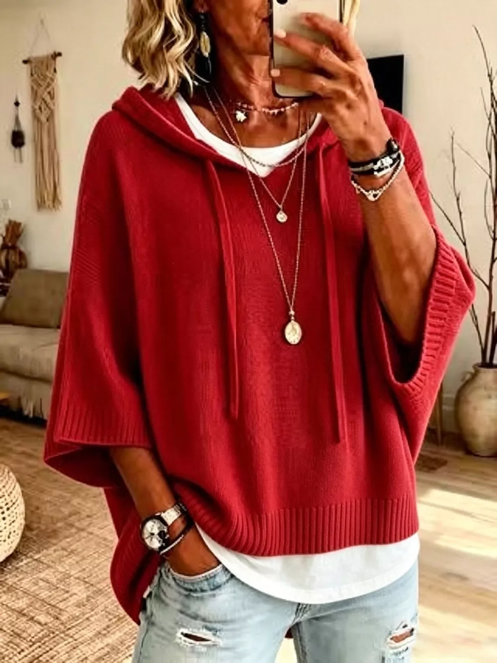 Full Size Casual Hooded Batwing Sleeve Knit Sweater Plus Size, image 18