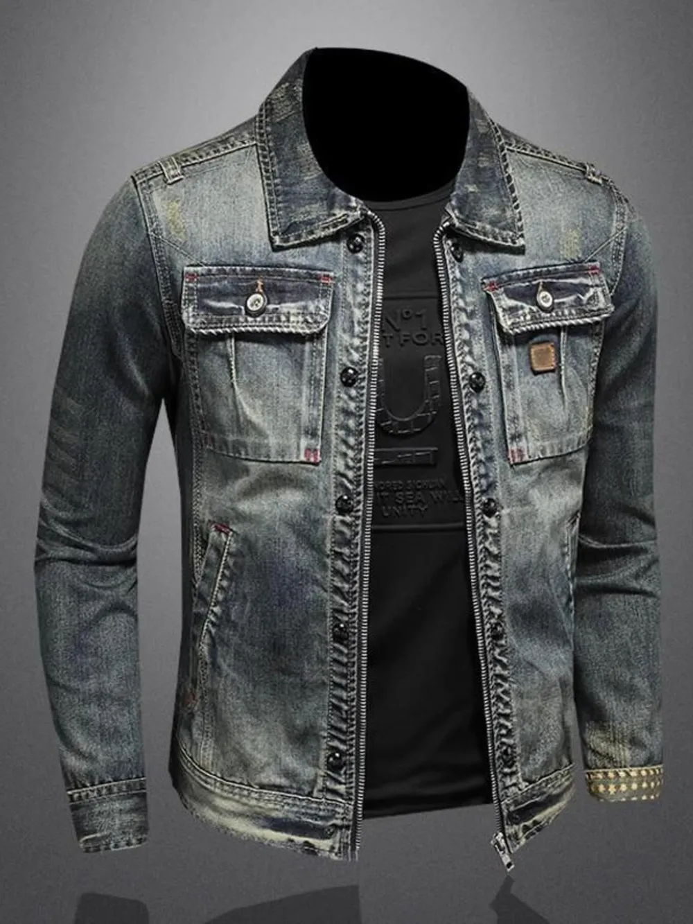 Men's Plus Size Vintage Washed Zip Up Denim Jacket