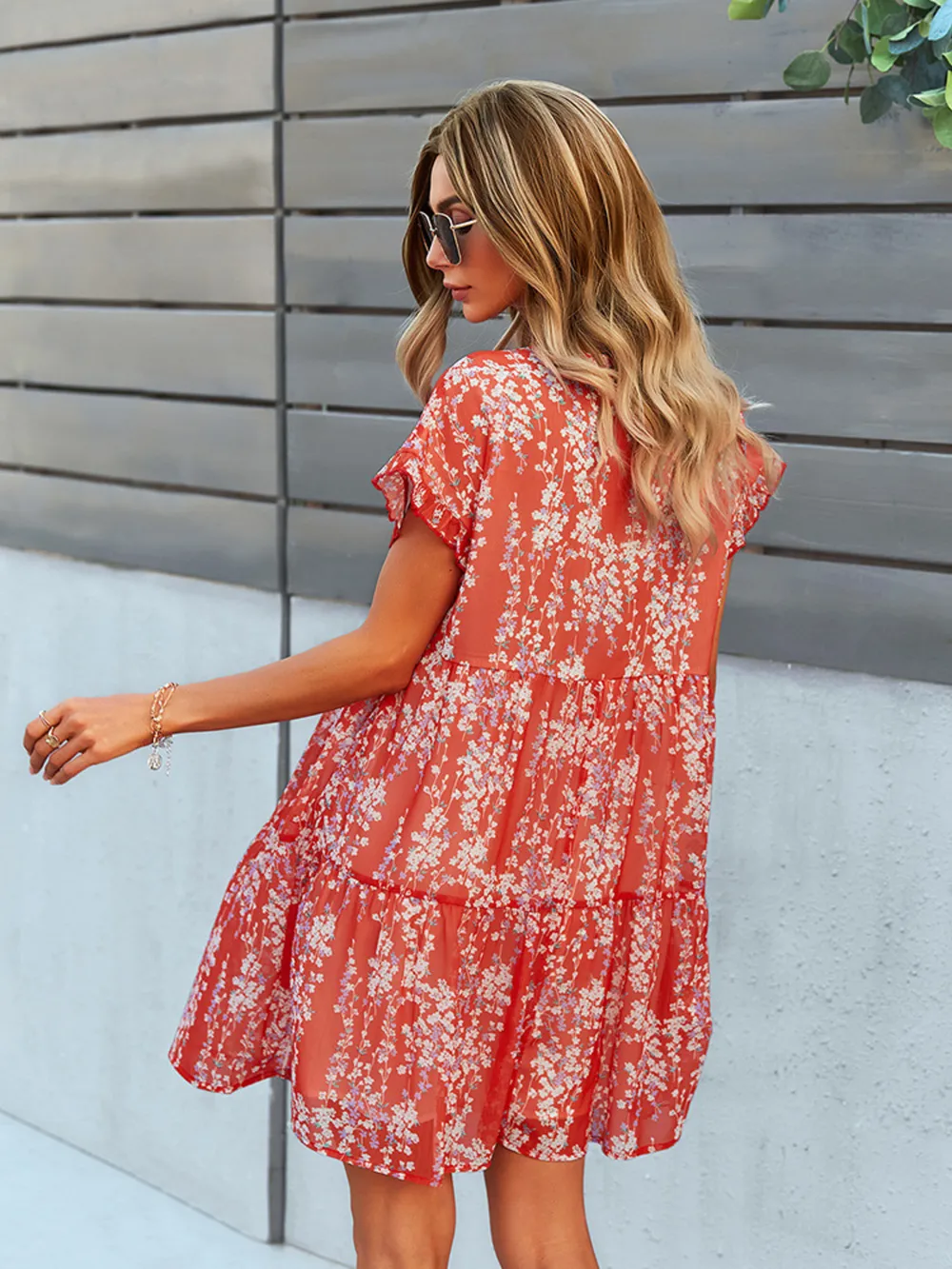 Floral Print V-Neck Ruffle Tiered Summer Mini Dress, image 9