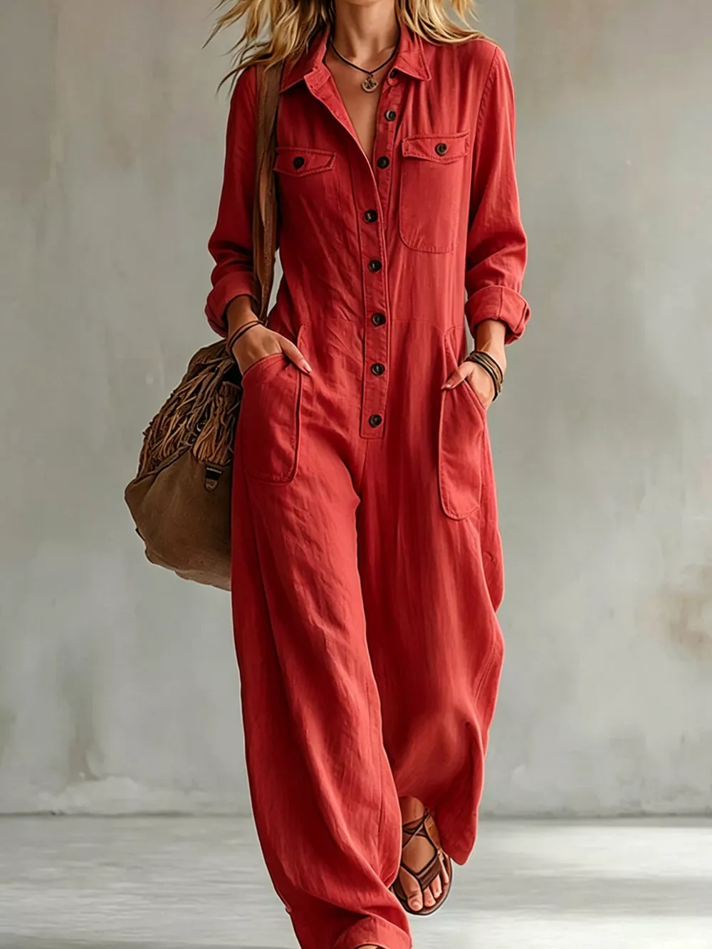 Full Size Long Sleeve Button Front Jumpsuit Plus Size, image 13