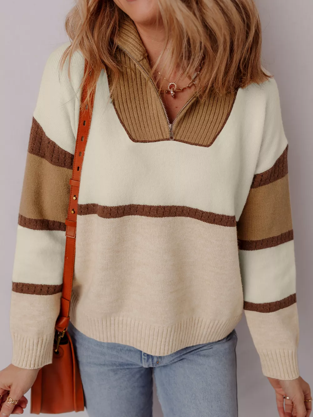 Color Block Zipped Collared Sweater, image 4