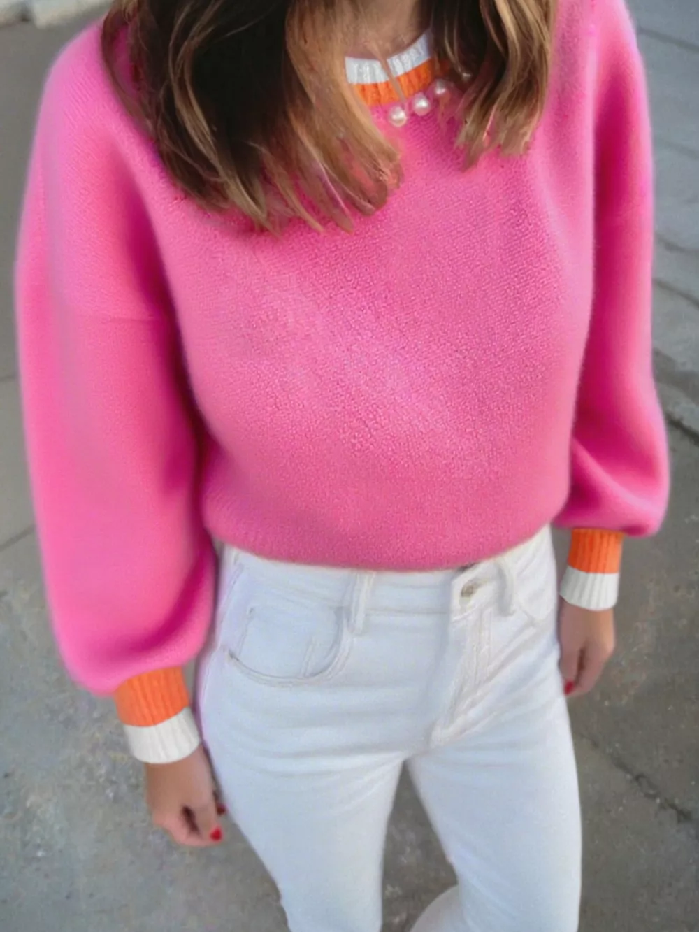 Contrast Crew Neck Pearled Decor Drop Shoulder Knit Sweater