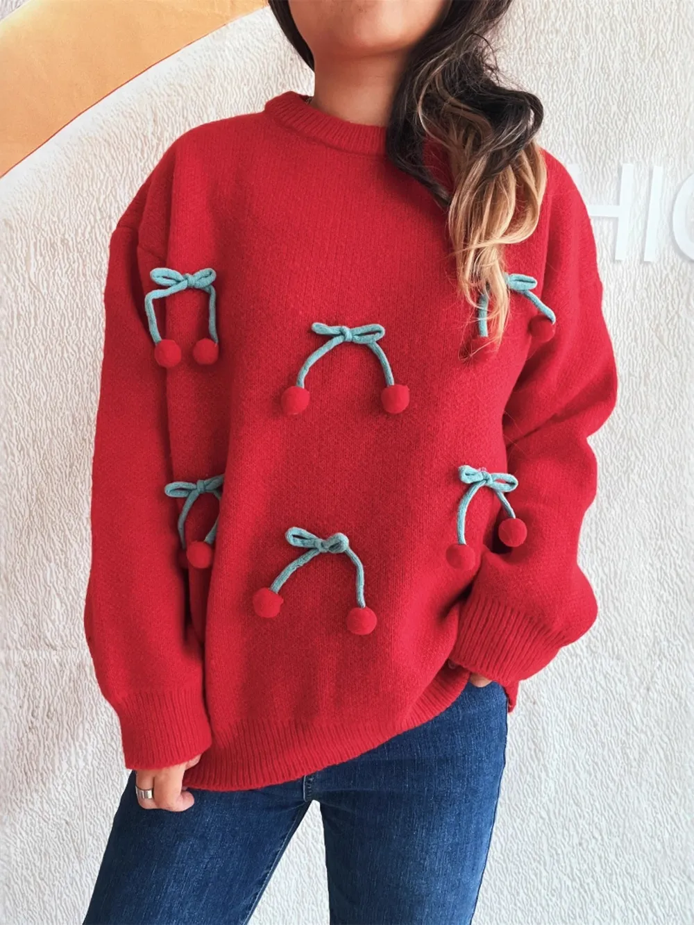 Cherry Round Neck Long Sleeve Sweater, image 17