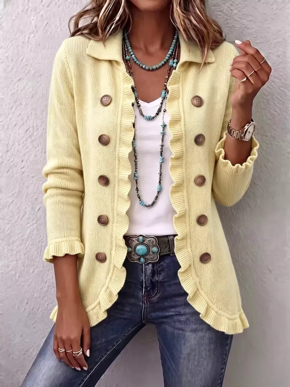 Full Size Ruffled Trim Decorative Button Cardigan Plus Size, image 15