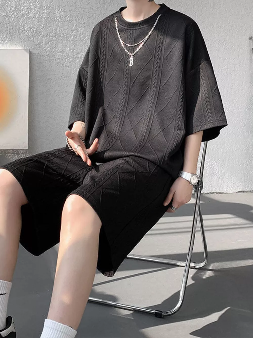 Men's Plus Size Textured Relaxed Fit Top and Shorts Set, image 8