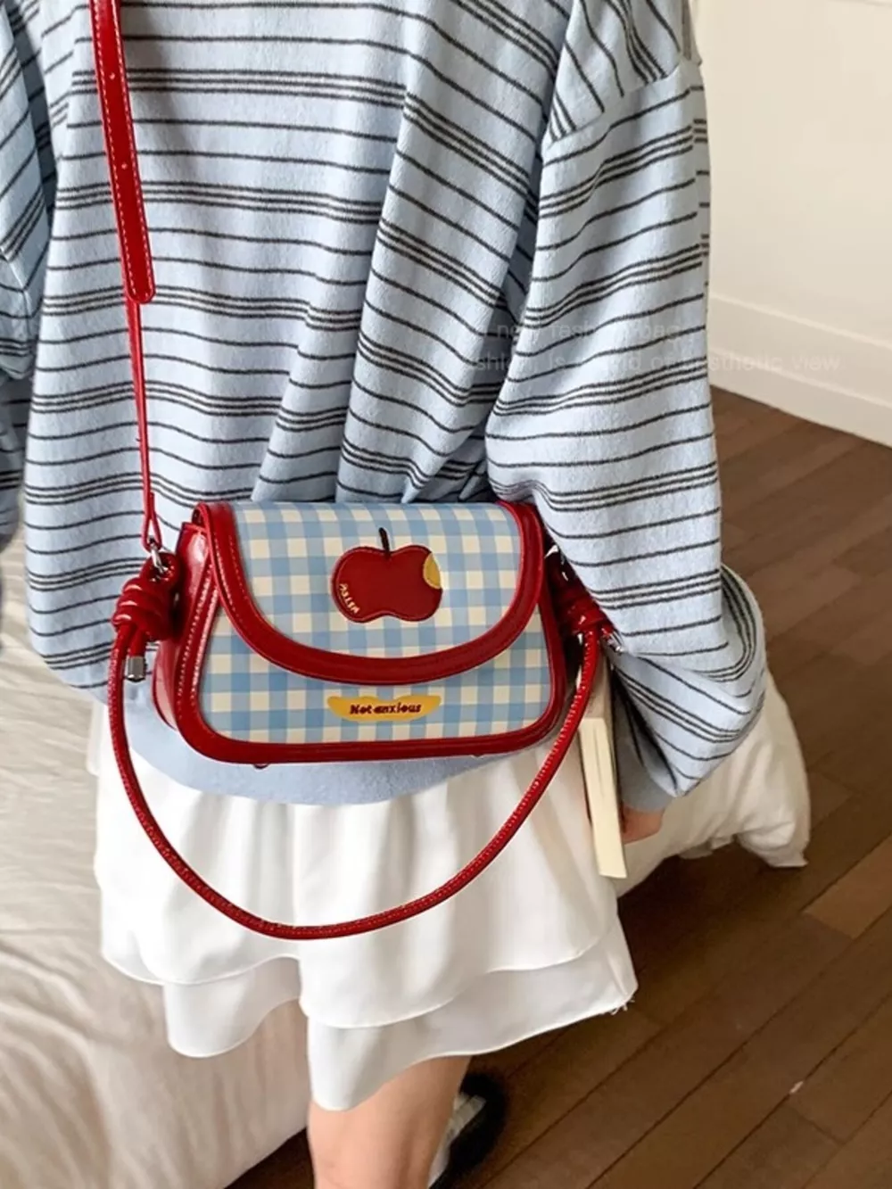 Apple Gingham Pattern Shoulder Bag, image 6