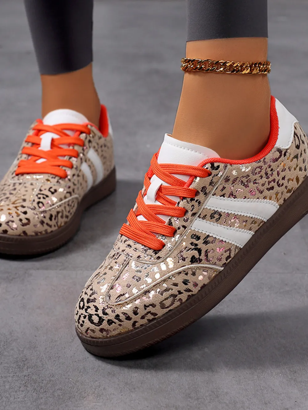 Leopard Print Stripe Detail Lace-up Sneakers, image 3