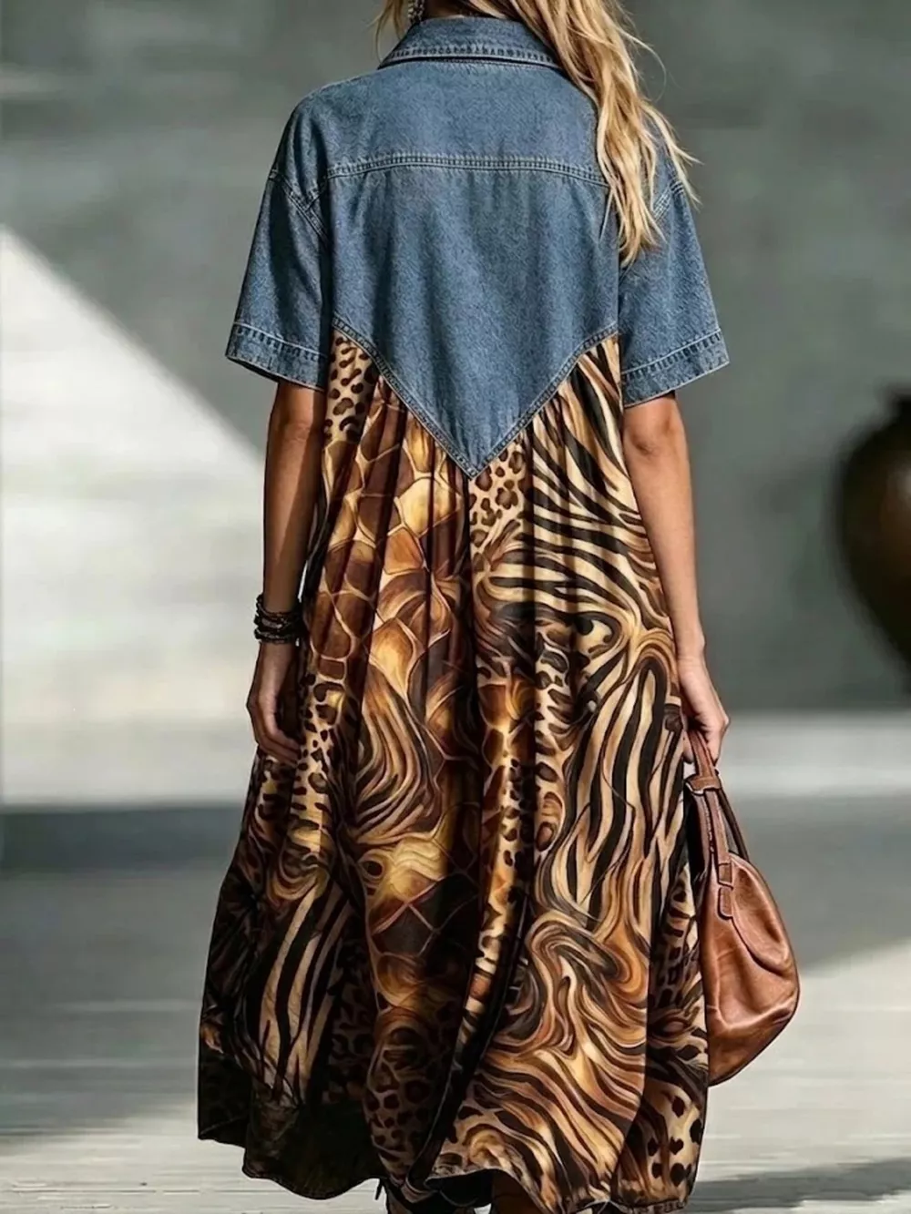 Full Size Denim Patchwork Printed Shirt Dress Plus Size, image 15