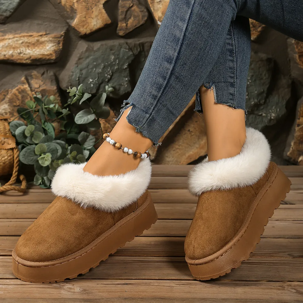 Fuzzy Trim Round Toe Platform Boots, image 4