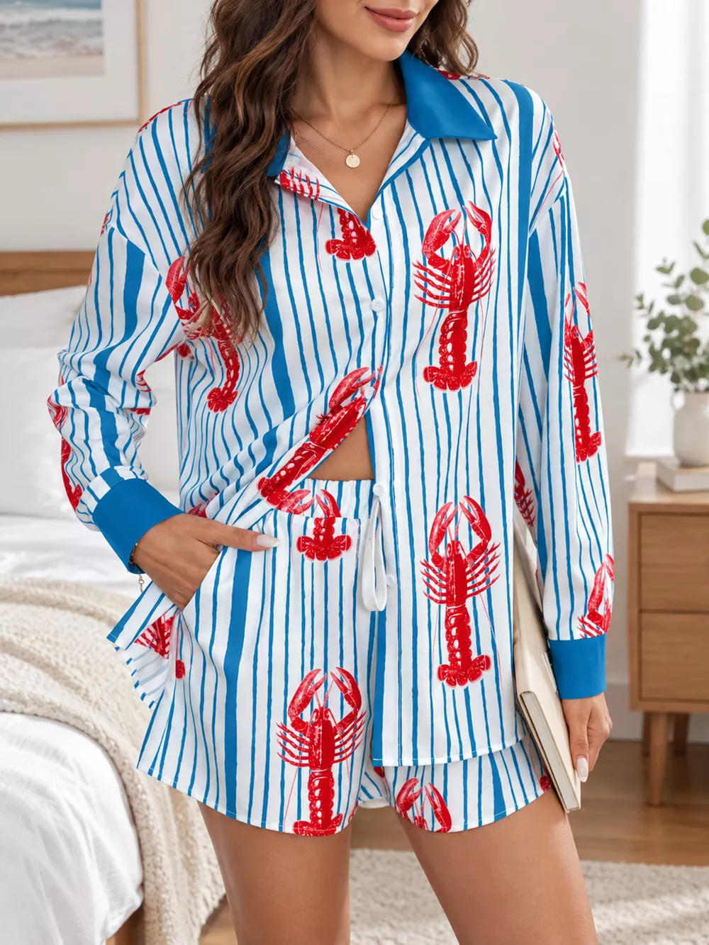 Lobster Print Striped Button-Down Shirt and Shorts Set, image 2