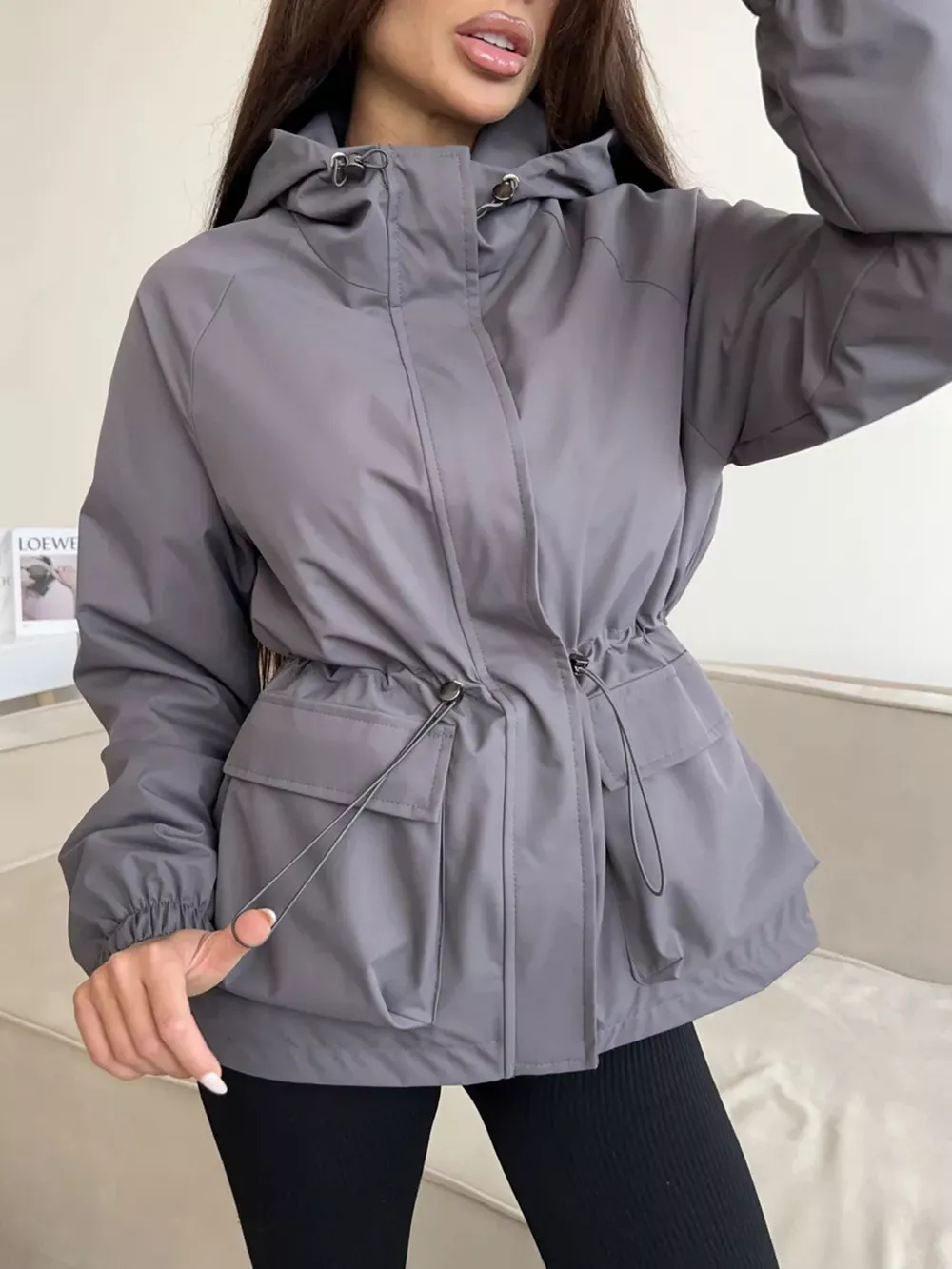 Drawstring Waist Hooded Windbreaker Outerwear, image 8