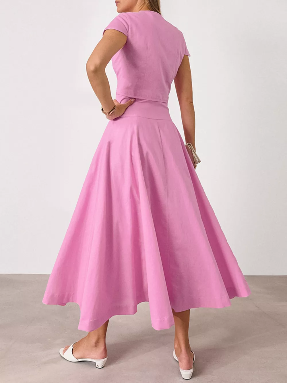 Cap Sleeve Button-Down Crop Top and Midi Skirt Set, image 6