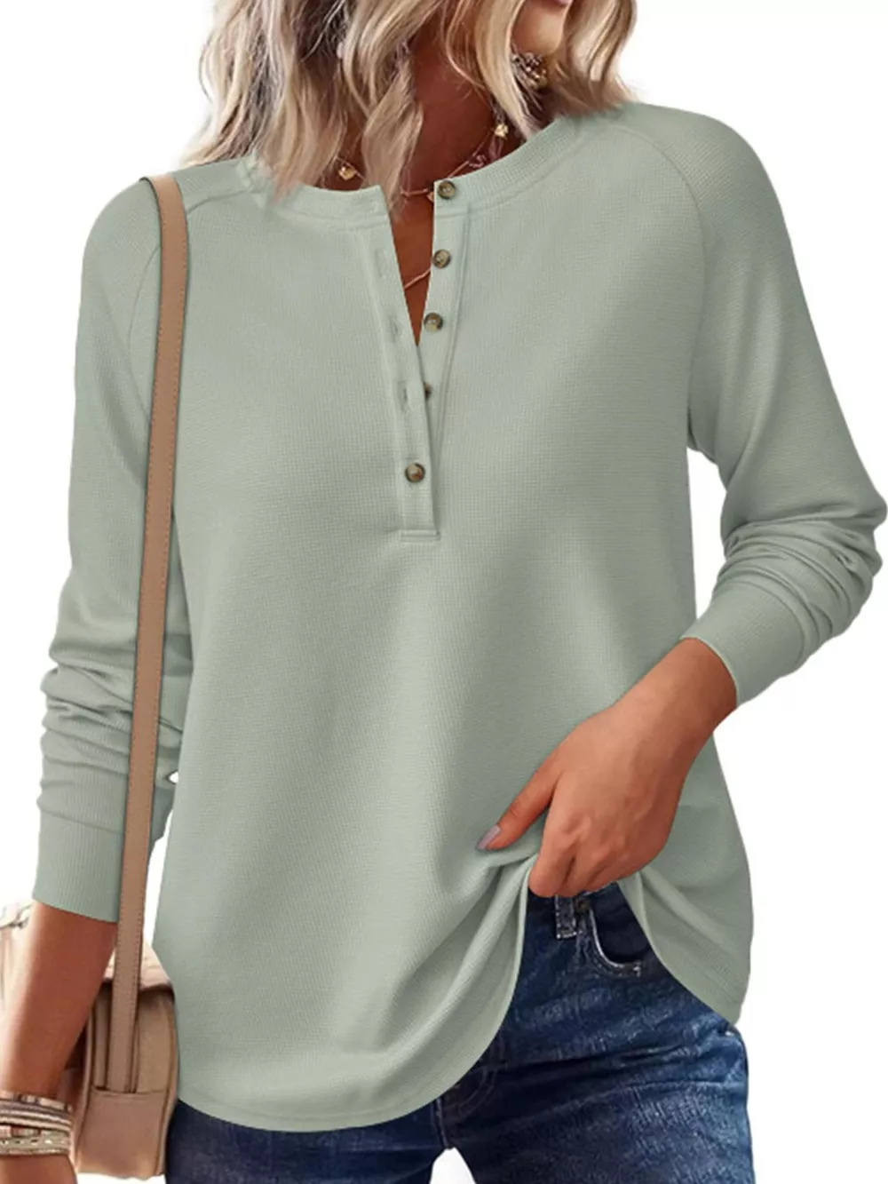 Waffle Knit Henley Long Sleeve T-Shirt, image 4