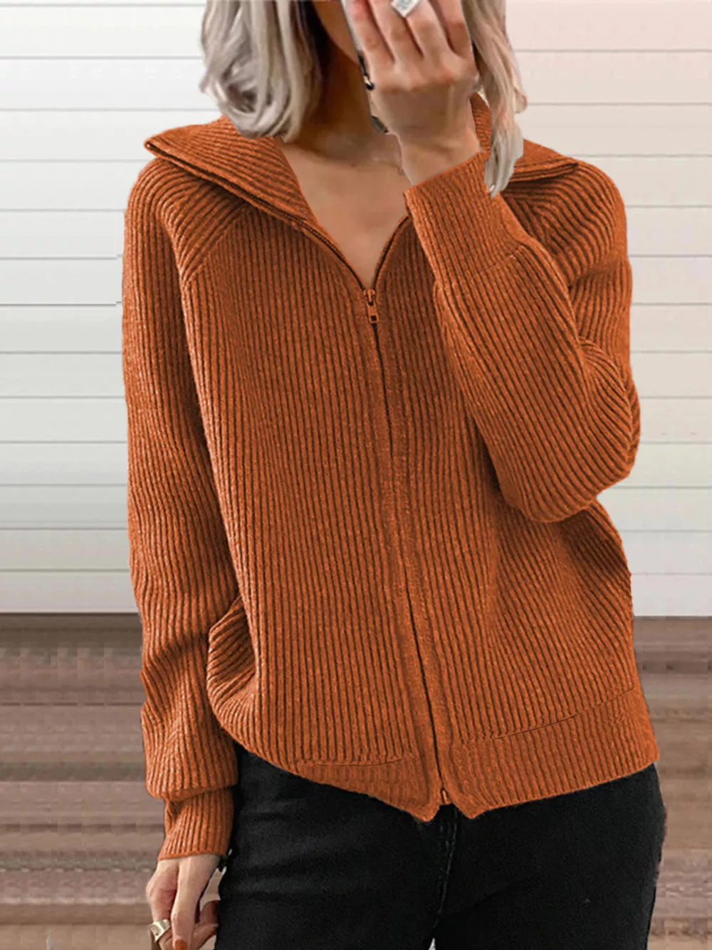 Full Size Ribbed Knit Zip-Up Outerwear Plus Size, image 2