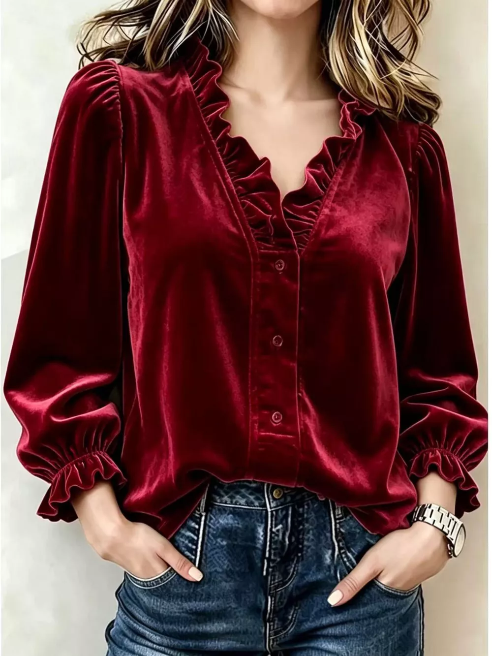 V-Neck Ruffled Velvet Button Down Blouse, image 7