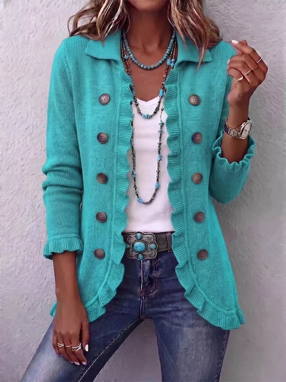 Full Size Ruffled Trim Decorative Button Cardigan Plus Size, image 9