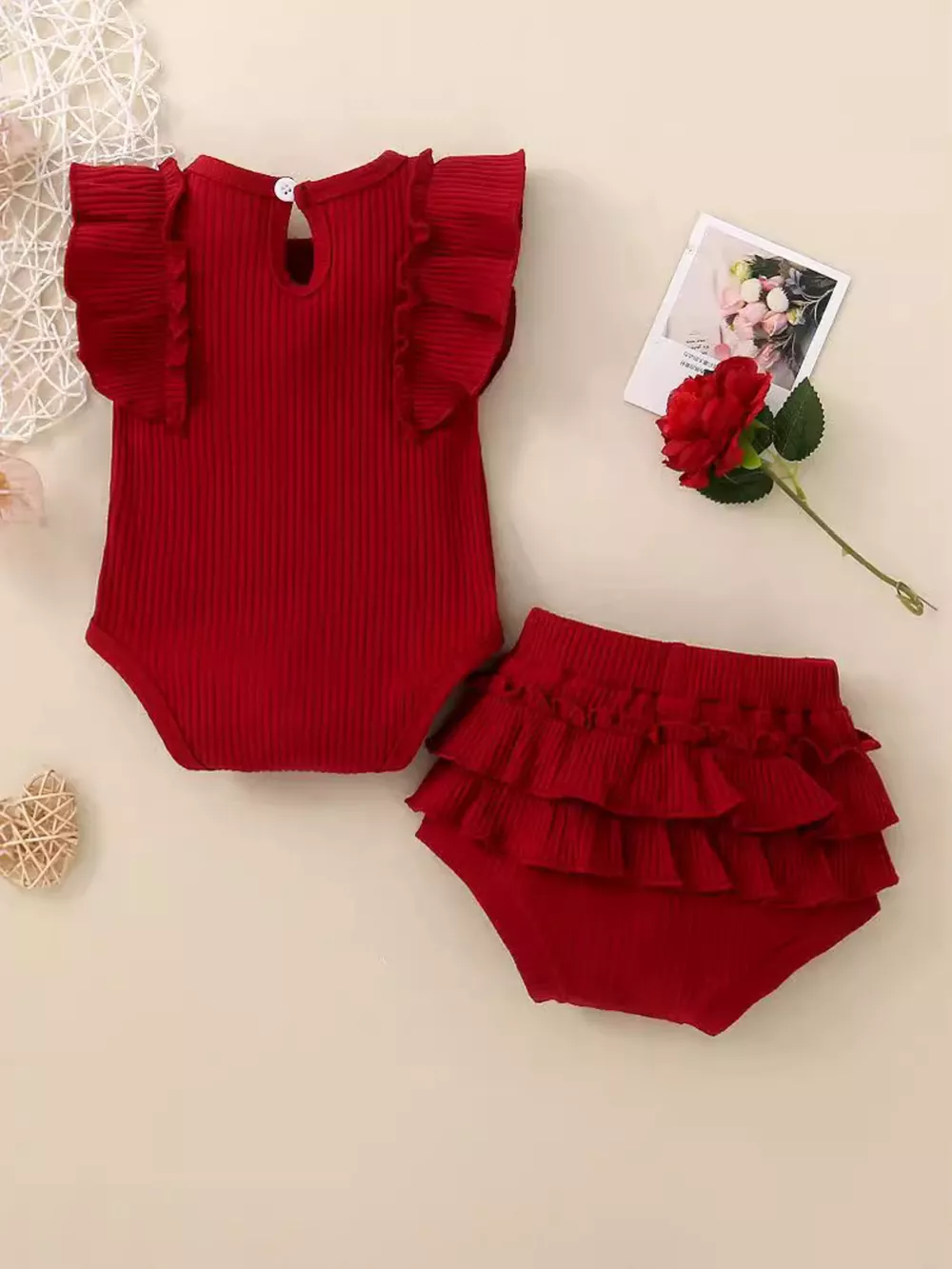 Children's Ribbed Ruffle Trim Bodysuit & Shorts Set, image 6