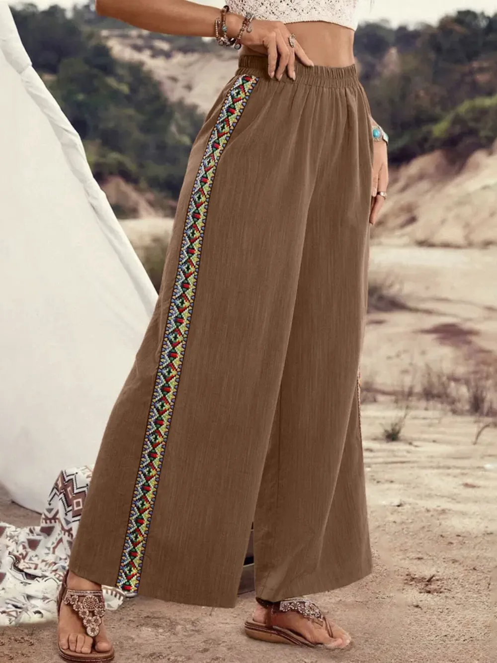 Bohemian Wide Leg Embroidered Side Stripe Pants, image 2