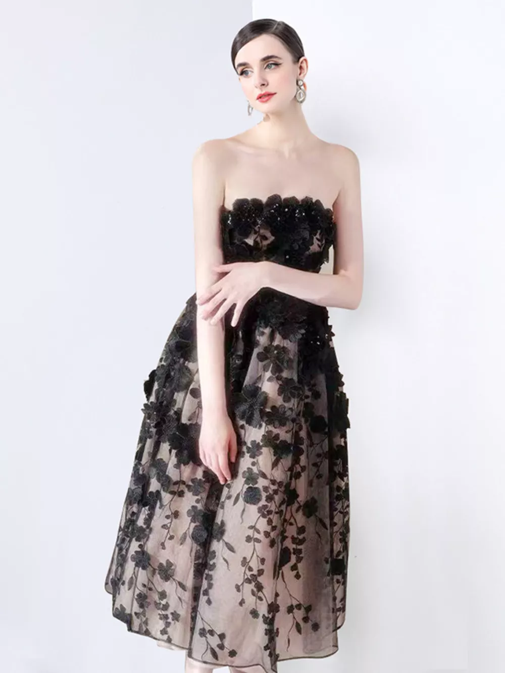 Strapless Floral Applique Midi Dress