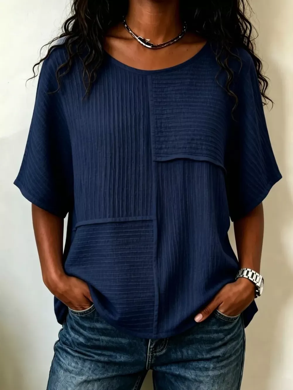 Full Size Texture Round Neck Half Sleeve Blouse Plus Size, image 17