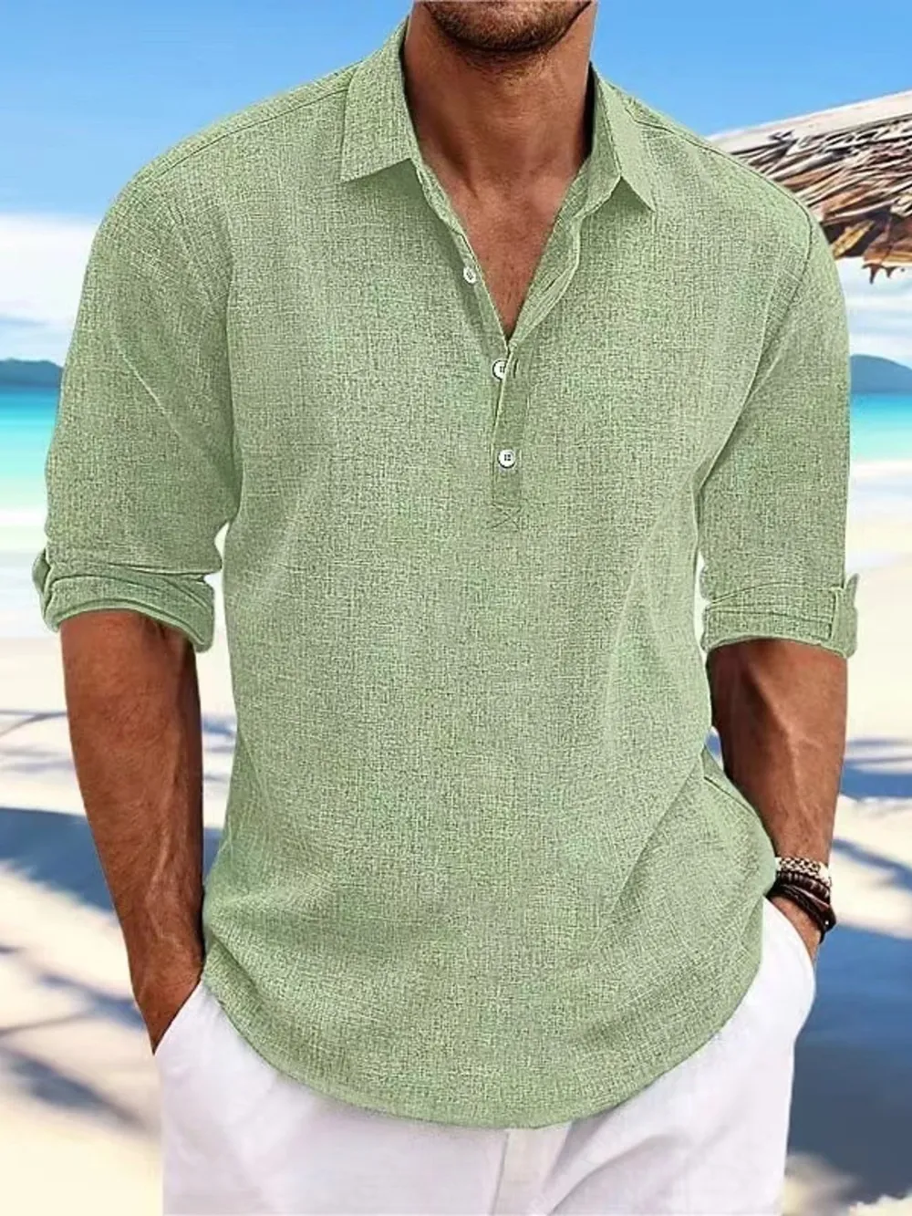 Men's Full Size Casual Linen Long Sleeve Polo Shirt Plus Size, image 2