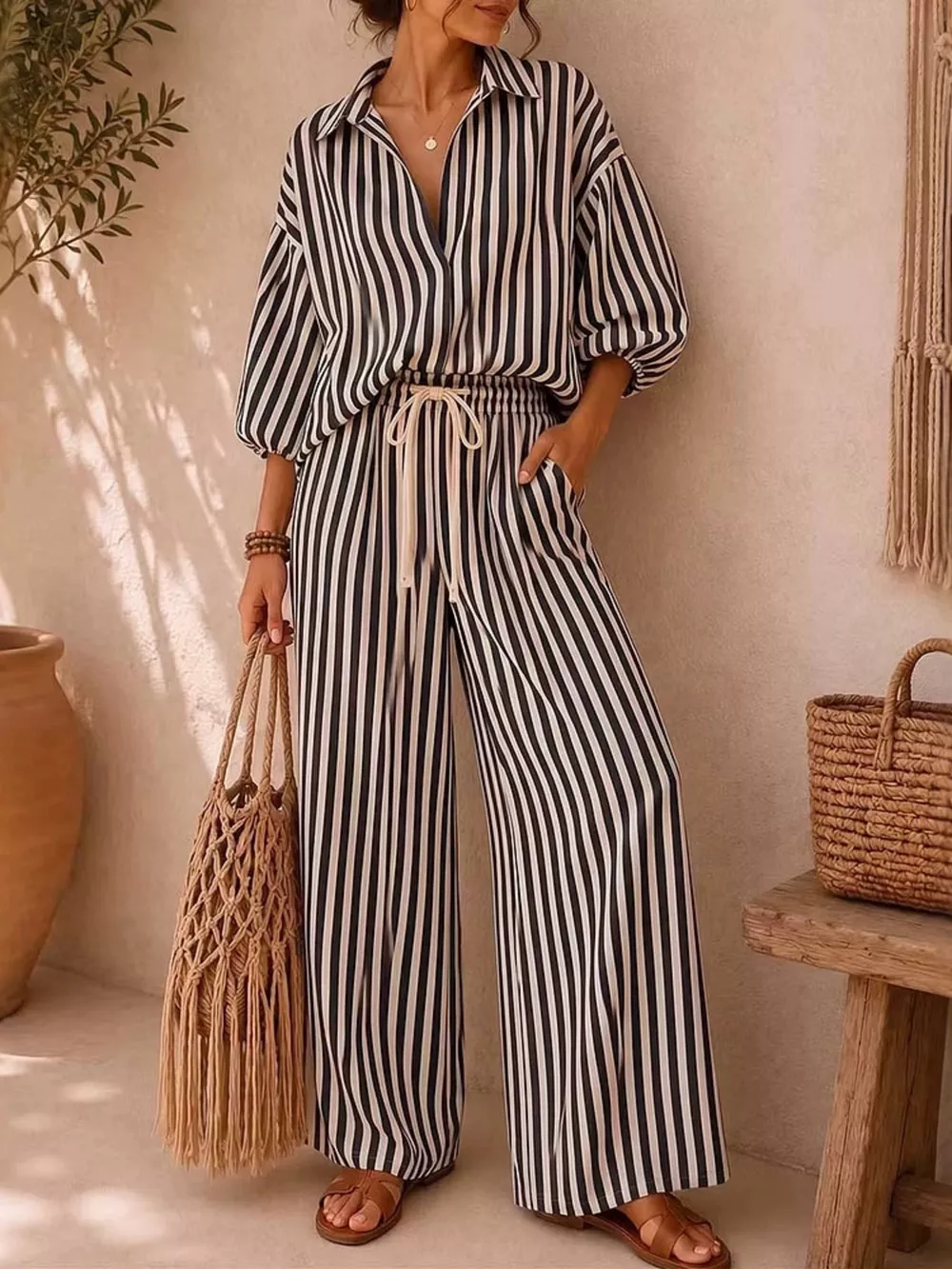 Full Size Striped Puff Sleeve Shirt and Wide-Leg Drawstring Pants Set Plus Size, image 4
