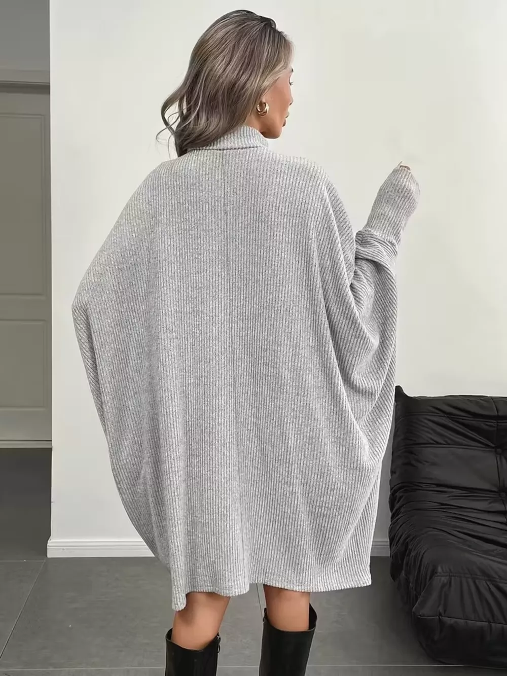 Oversized Batwing Sleeve Ribbed Knit Turtleneck Dress, image 5