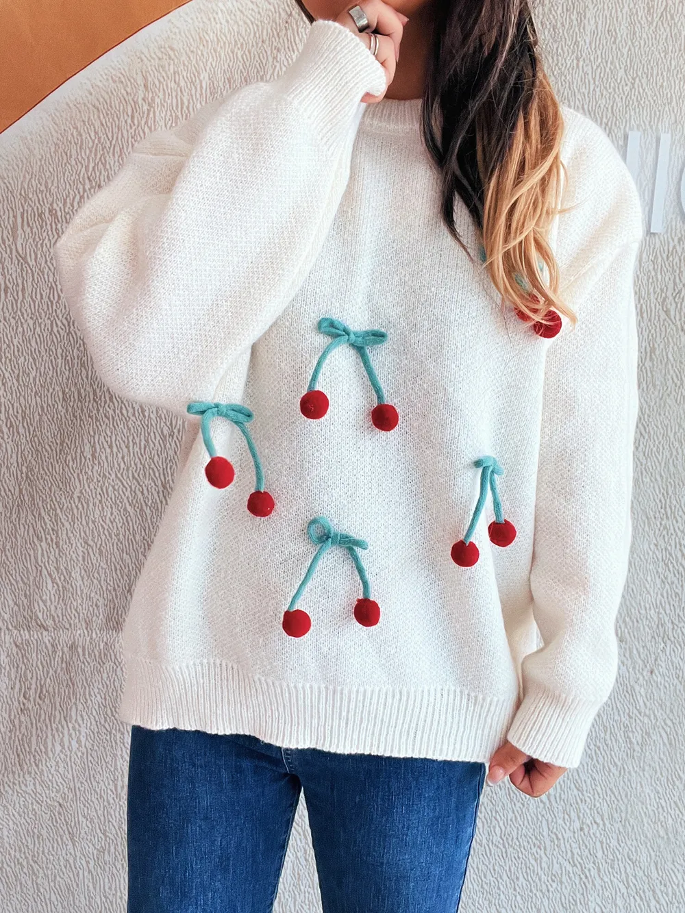 Cherry Round Neck Long Sleeve Sweater, image 4