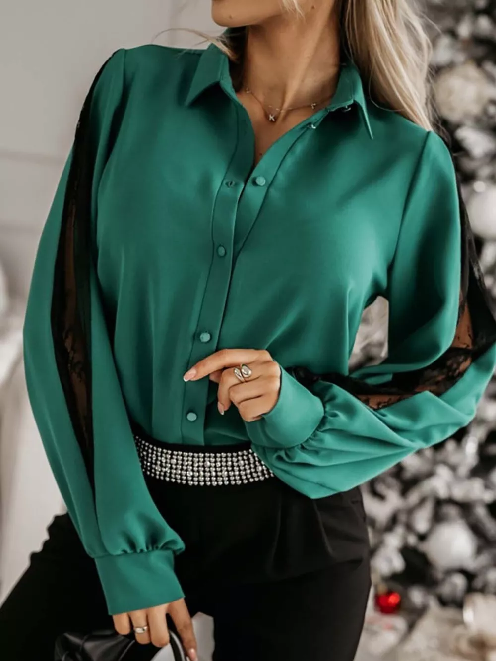 Lace-Sleeve Button Up Shirt, image 2