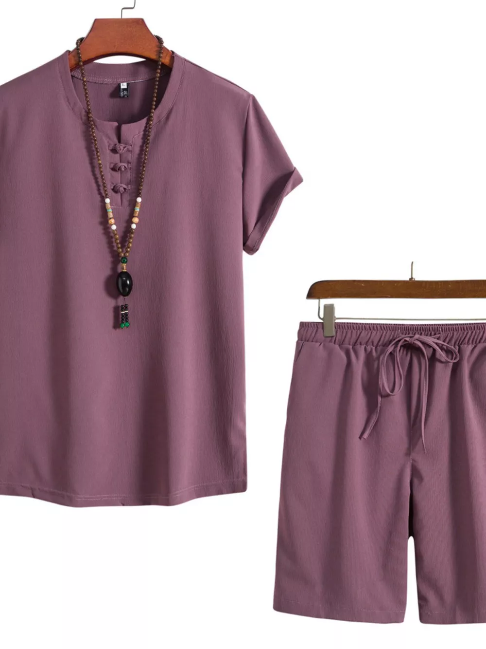 Men's Plus Size Mandarin Collar Short Sleeve Shirt and Shorts Set, image 2