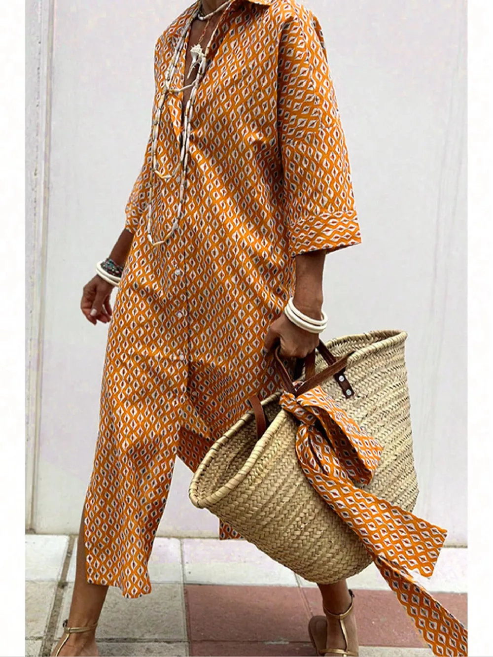 Full Size Printed Button-Down Midi Dress Plus Size, image 13
