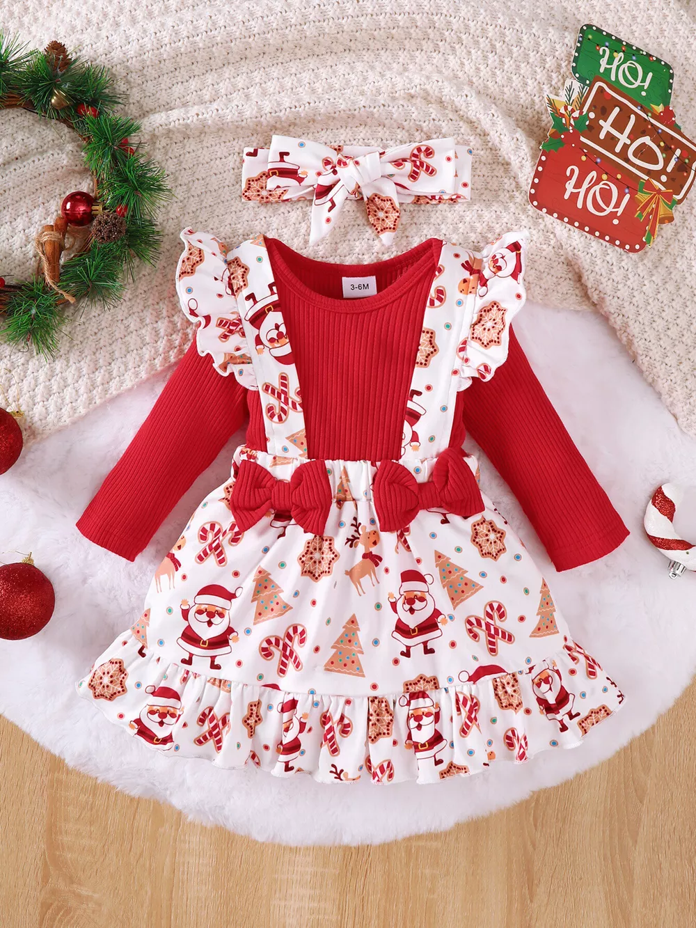Children's Christmas Ribbed Bodysuit and Santa Print Suspender Skirt Set with Headband, image 2