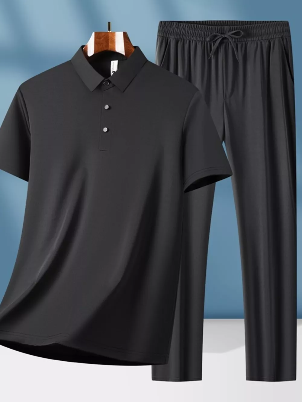 Men's Plus Size Button Detail Short Sleeve Top and Pants Set, image 3