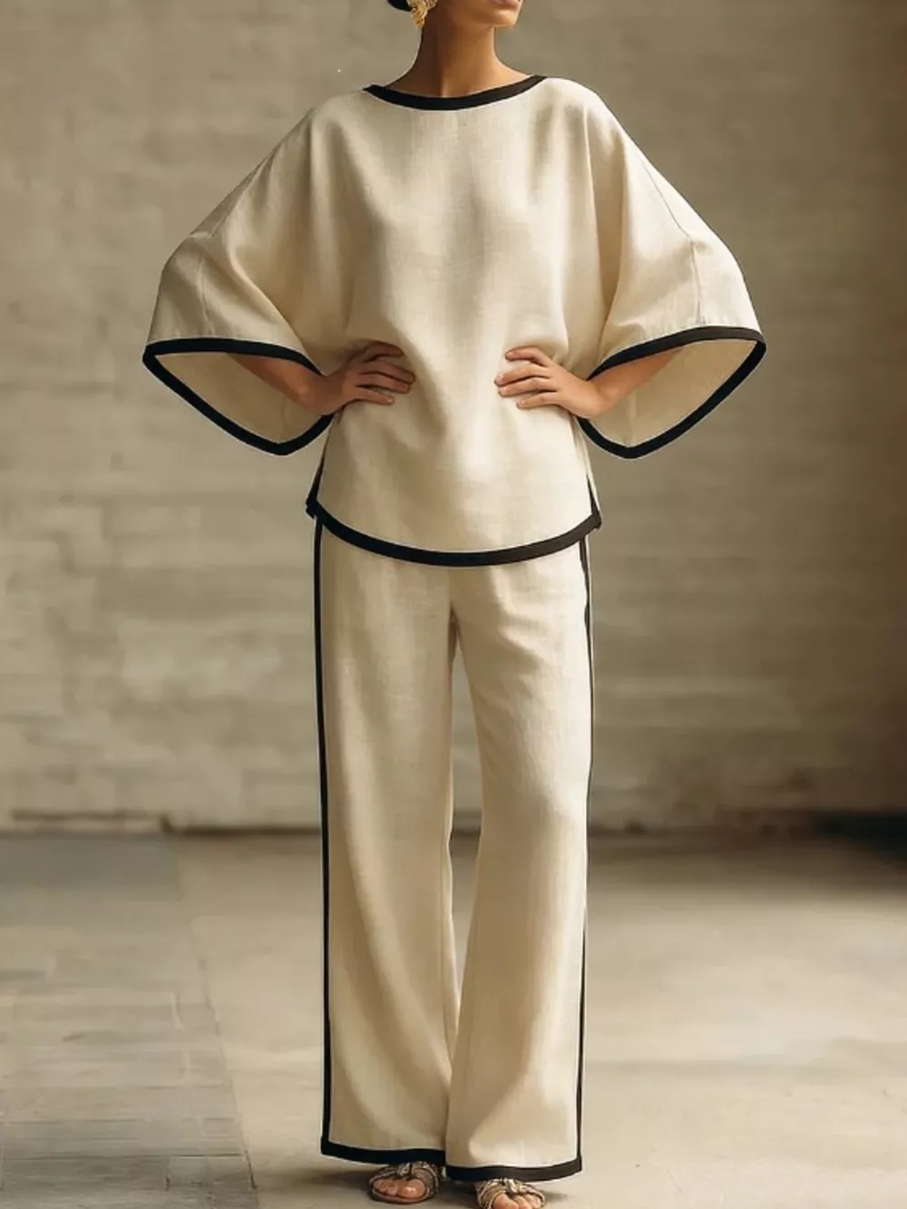 Full Size Contrast Trim Top and Wide-Leg Pants Set Plus Size