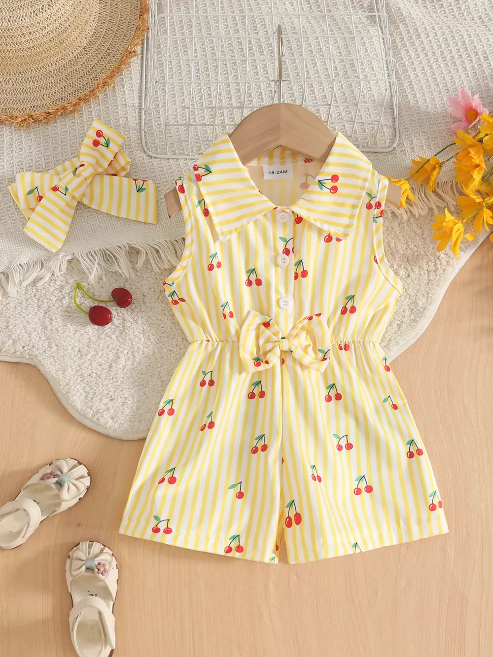 Children's Cherry Print Striped Sleeveless Romper with Headband, image 5