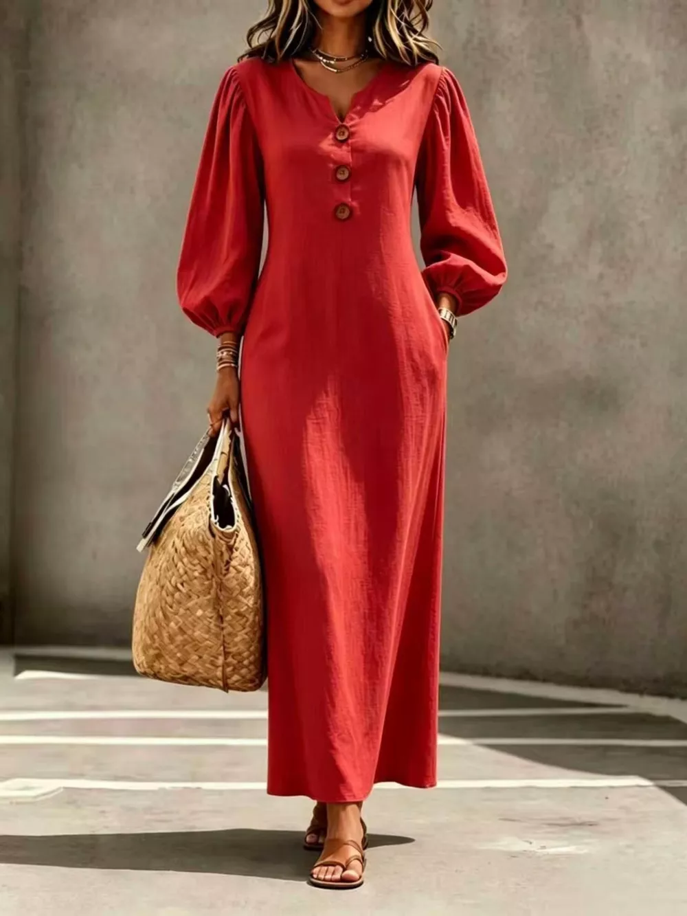 Decorative Button Balloon Sleeve Maxi Dress, image 4