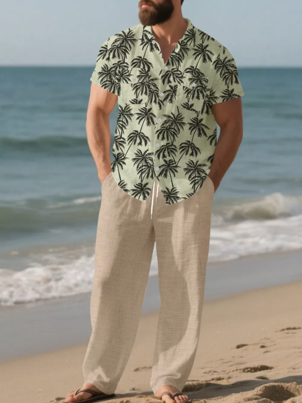 Men's Full Size Tropical Palm Print Button Up Shirt and Pants Set Plus Size, image 7