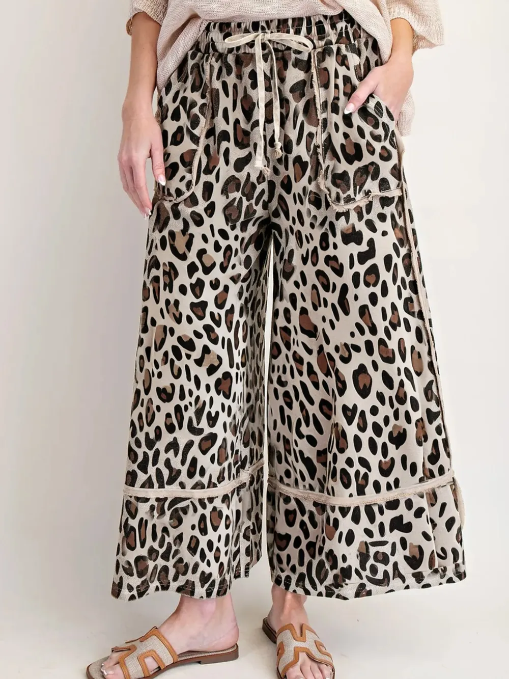 Leopard Print Wide Leg Drawstring Pants