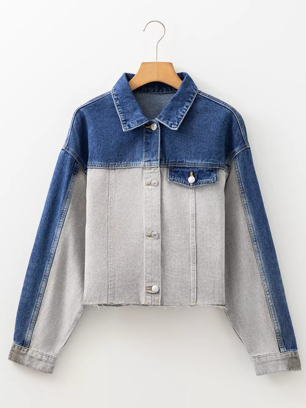 Color Block Patchwork Raw Hem Denim Jacket, image 9