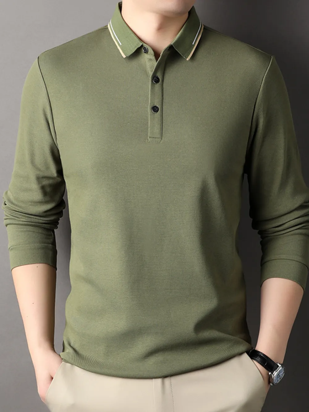 Men's Plus Size Collared Neck Long Sleeve Polo, image 3