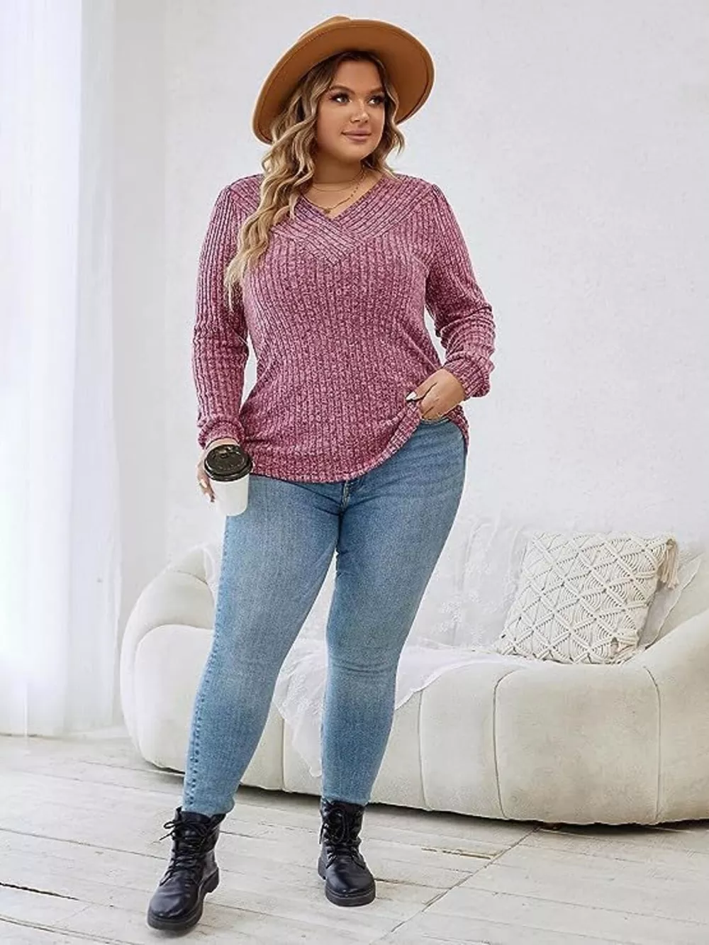 V-Neck Ribbed Long Sleeve Knit Top, image 9