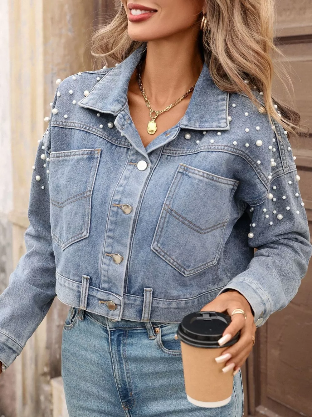 Pearl Embellished Cropped Denim Jacket, image 7